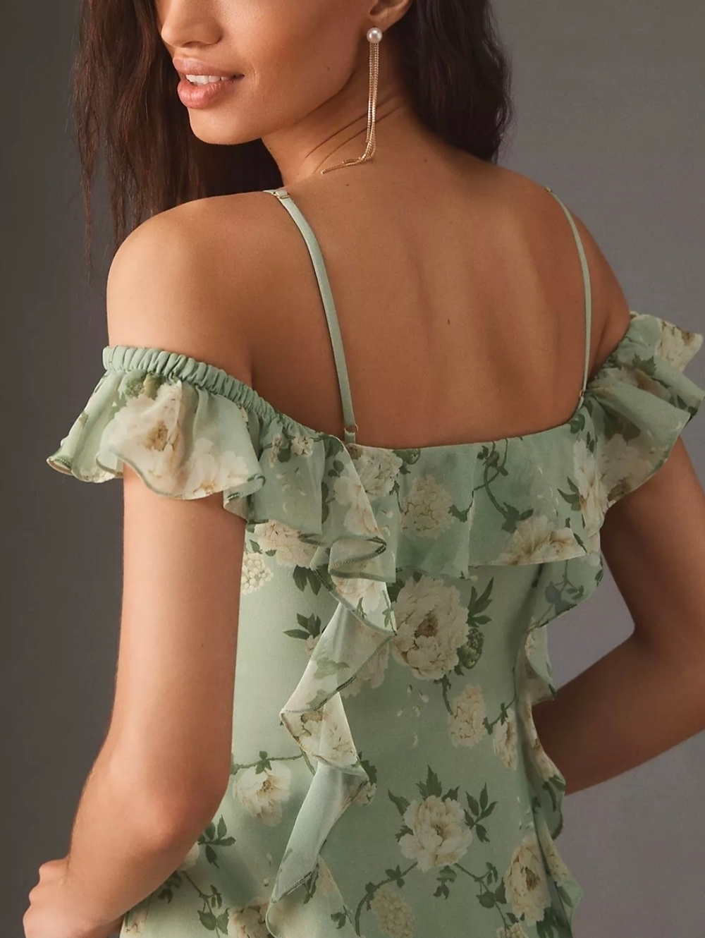 Anthropologie BHLDN Sage Green Floral Ruffle Chiffon Maxi Dress - Picture 3 of 4